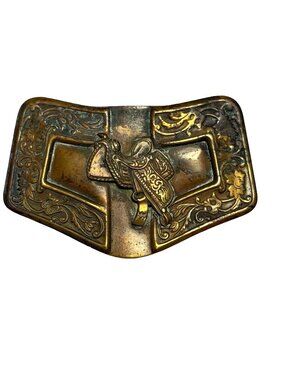Vintage Western Saddle Belt Buckle Floral Scroll Cowboy Brass Tone